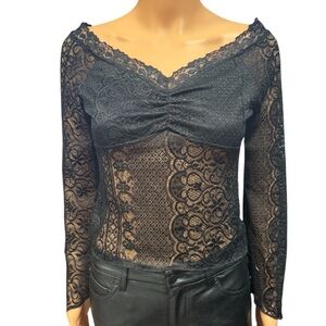 GOOD LUCK GEM Delicate Lace
Long Sleeve Semi Sheer Black Blouse NWT XL